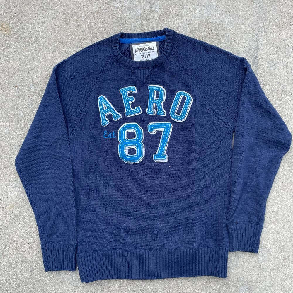 Vintage Aeropostale Mens M Knit Sweater Navy Aero 87 Spell Out Y2K Prep
